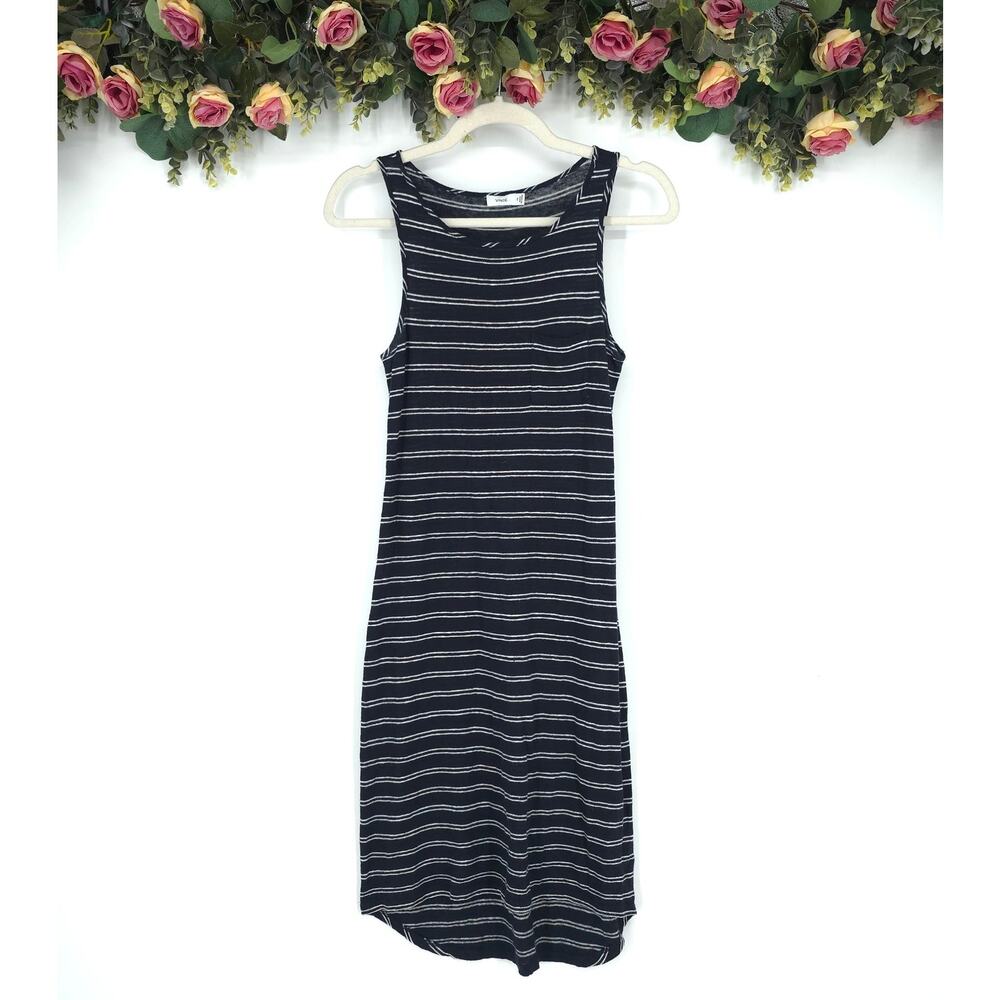 Vince 100% Linen Sheer Navy White Striped Tank Dress Size XS